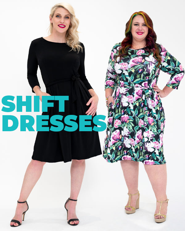 Two female models are wearing shift dresses. The model on the left is wearing plain black shift dress, the model on the right shift dress in floral print