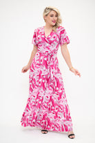 maxi wrap dress with flutter sleeves  pink 