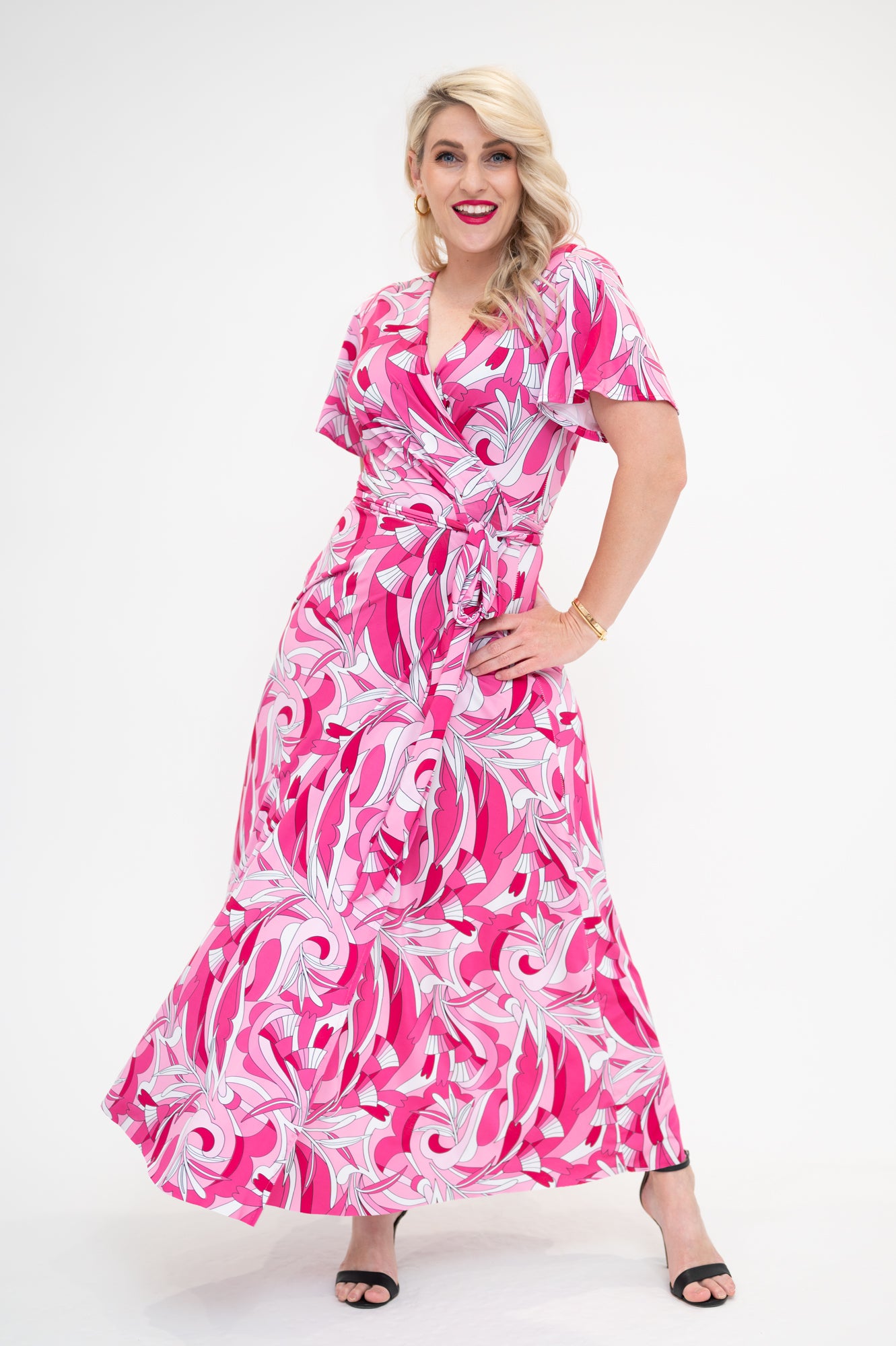 Midi  wrap dress with flutter sleeves  pink 