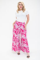 white shirt long palazzo pants in blue retro print 