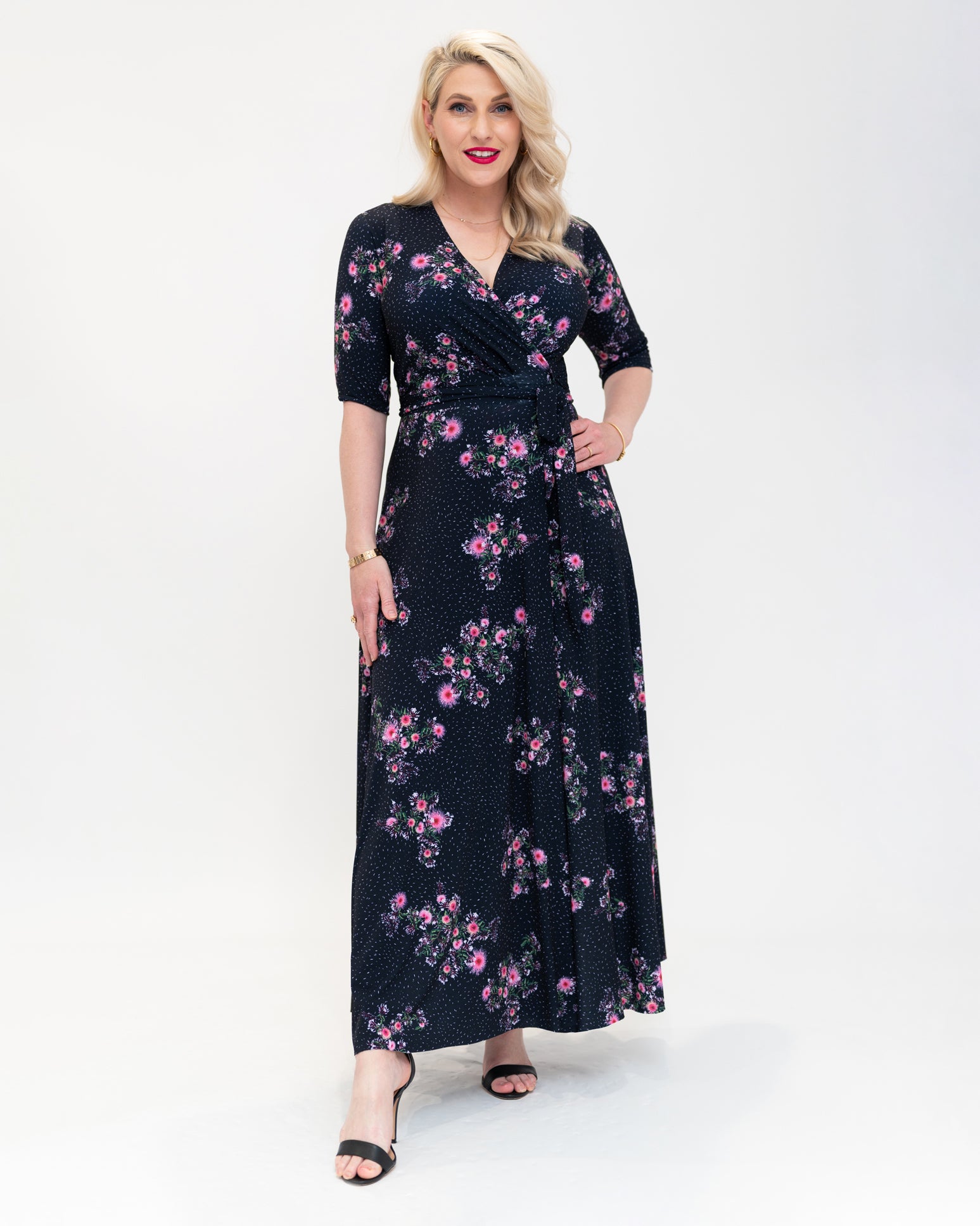 Jasmine inspired wrap dress midi  3/4  sleeve  front 